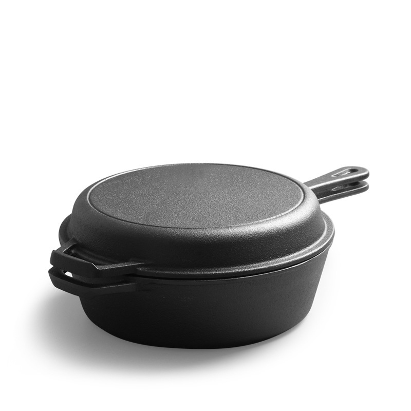 TEMU Cast Iron , 2-in-1 Pre- Dutch Oven And Lid Deep Pot With Double Handles, Matte Black Heavy Duty Cast Iron, For Sourdough Bread Baking Camping