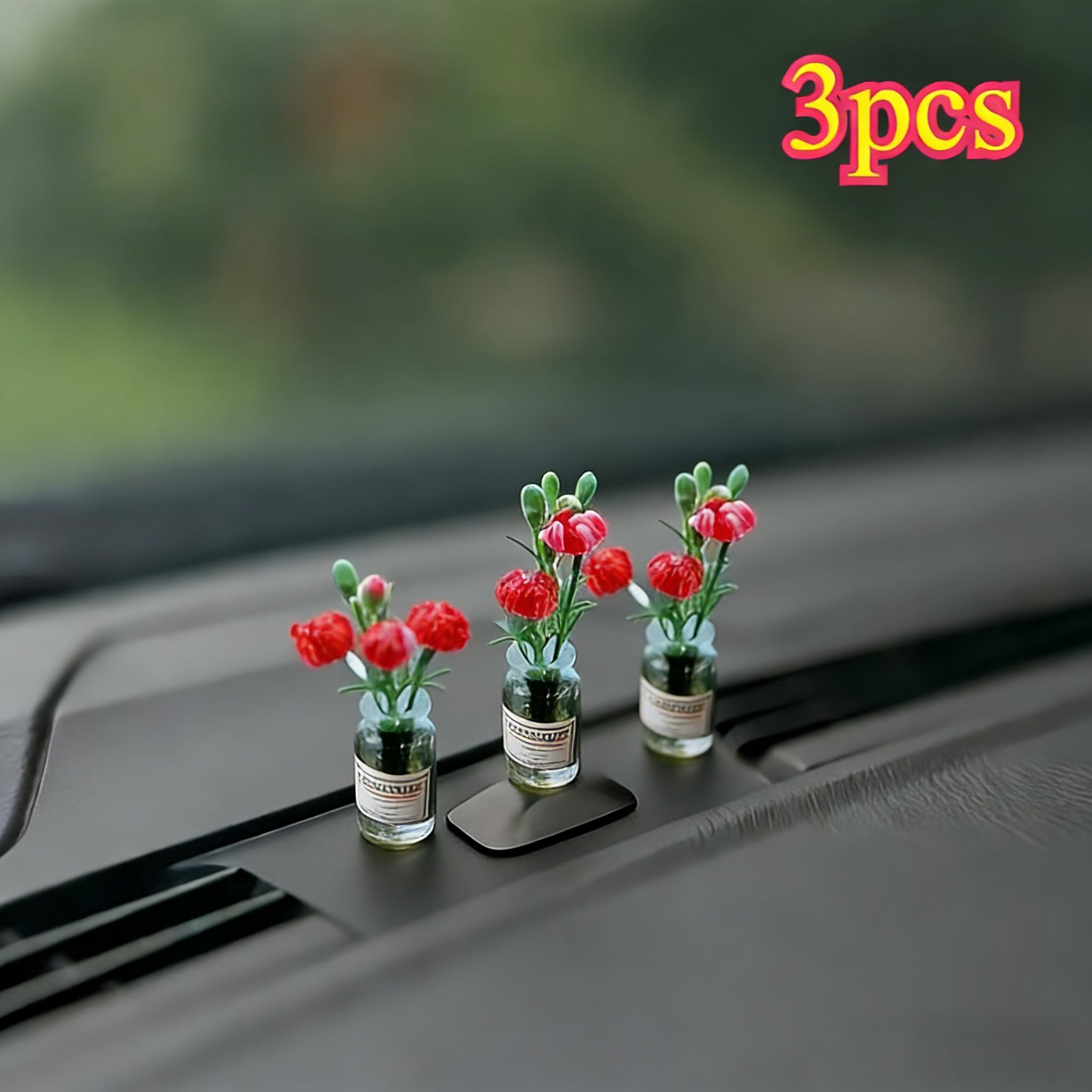 item picture three elegant mini red   dashboard decorations realistic plastic flowers with green leaves not for electric vehicles a   car accessory   for women sparkling interior exquisite   design