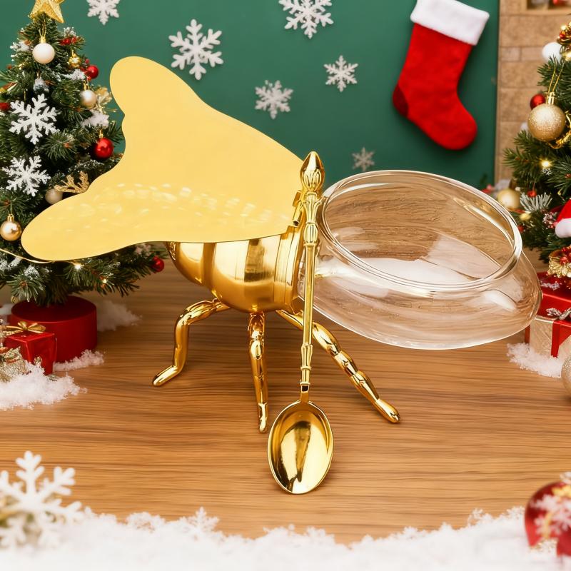 TEMU European Vintage Honey Jar With Spoon | Golden Glass Jar | Fun Seasoning Bottle | Sweet Tableware For A Sense Of Ceremony Christmas Gift