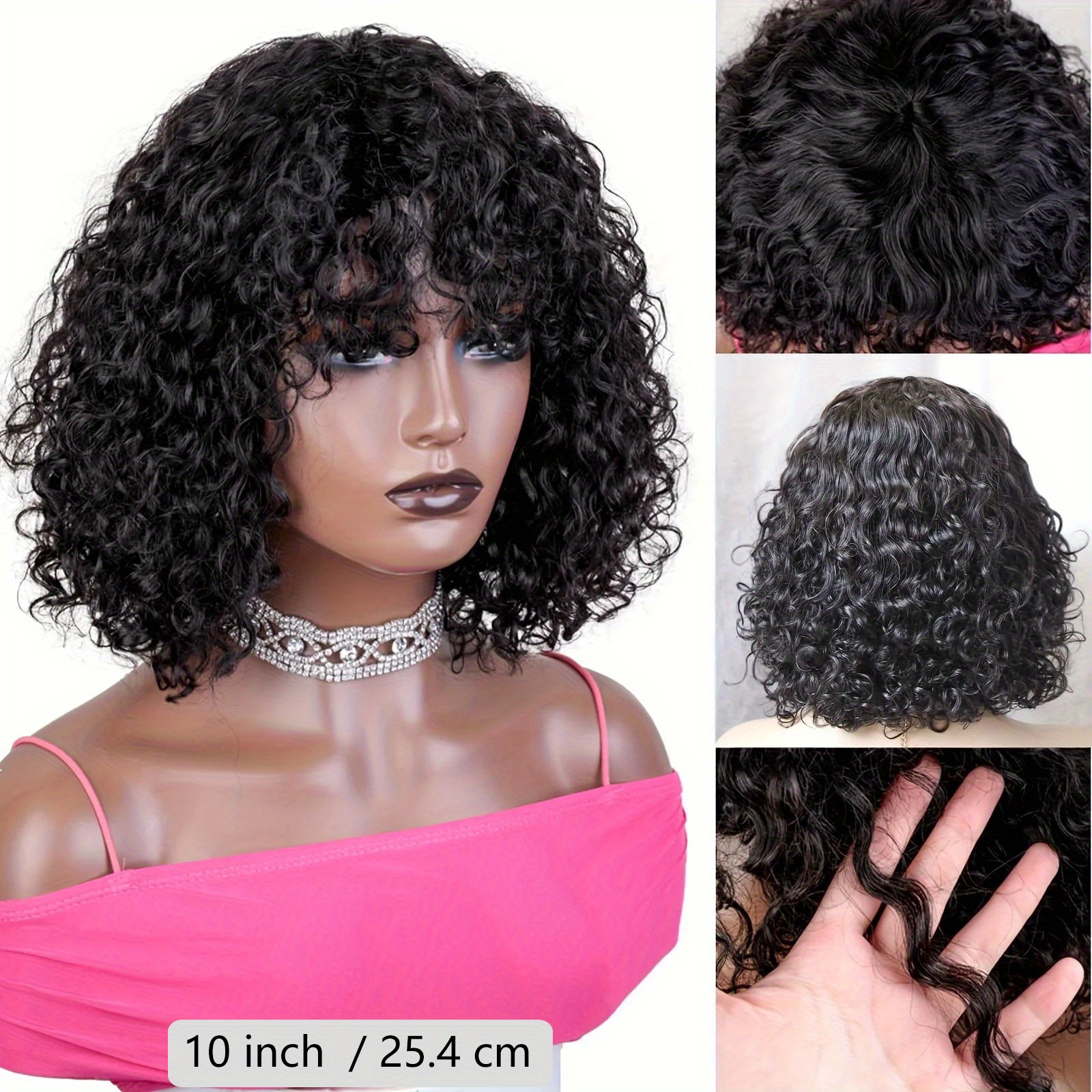 Glueless Human Hair Wigs For Women Featuring A 150% Density, Brown Curly Bob Style, Measuring 10-12 Inches. This Brazilian Curly Short Bob Wig With Bangs And Is Fully Machine-made