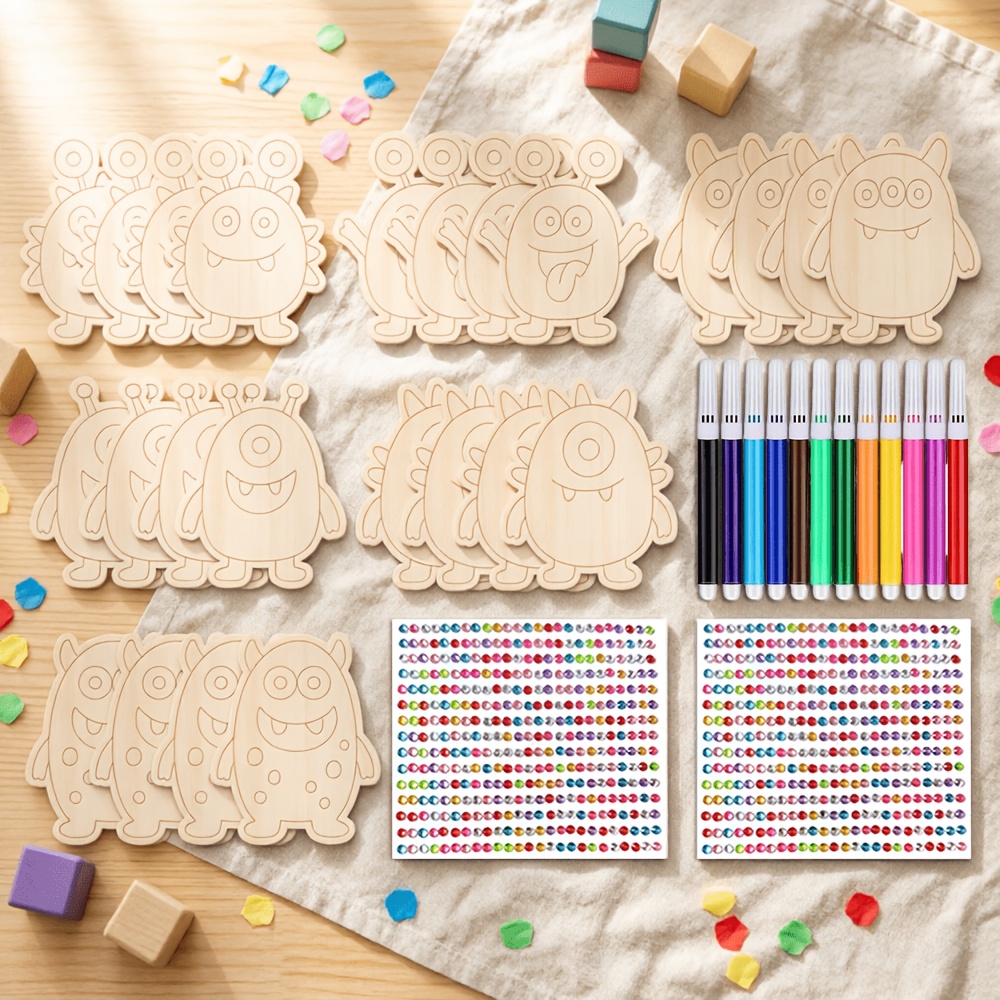 Image of Unfinished Wood Monster Craft Kit For +- 24pcs Diy Painting Set With 12 Markers& 2 Sheets Stickers- Creative Wooden Art Activity Toys For Halloween Party Favors, School Classroom& Birthday Gifts