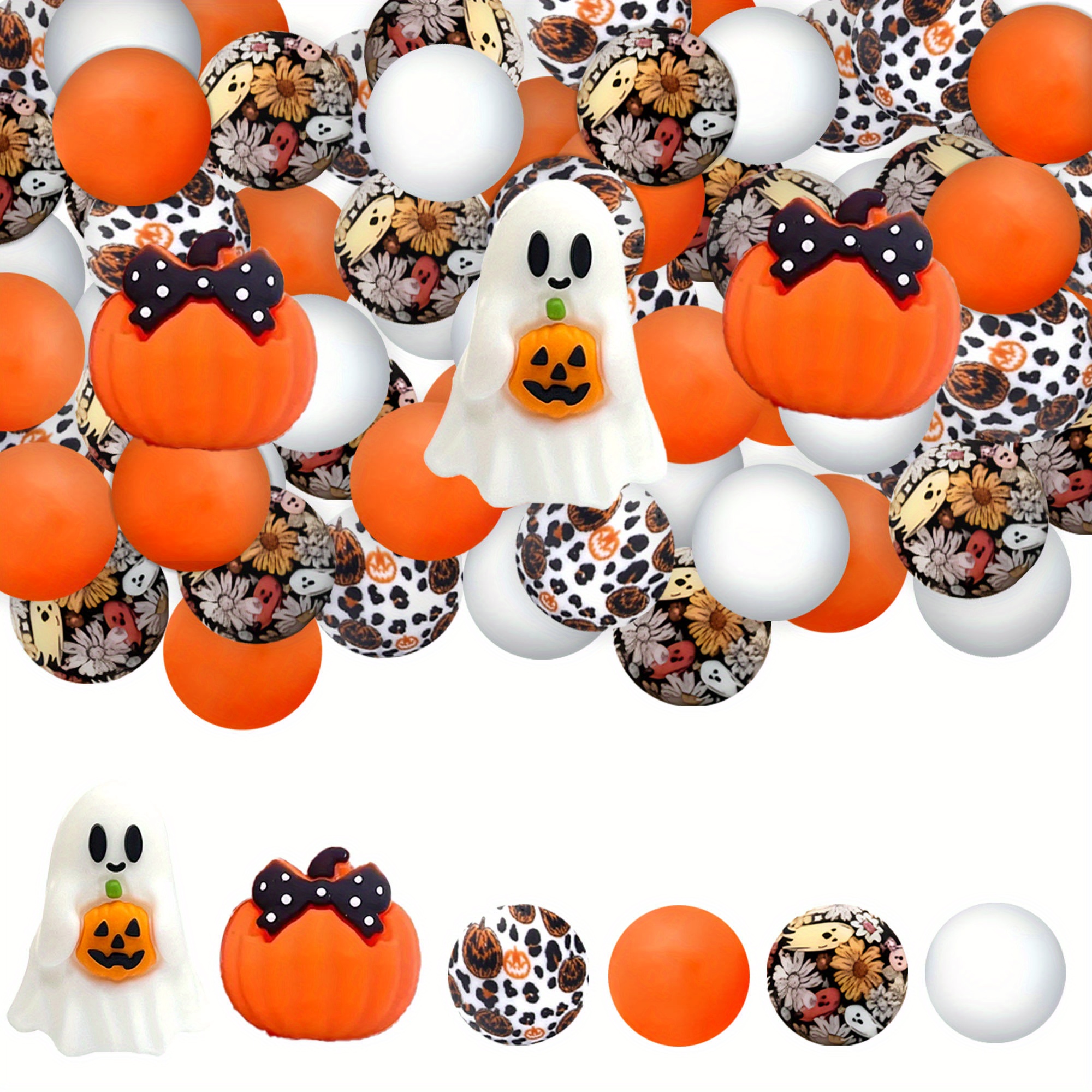 TEMU 28pcs Silicone Beads Pumpkin Silicone Shape Loose Beads Pumpkin Print Series Orange Halloween Round Beads Suitable For Jewelry Decoration Beads