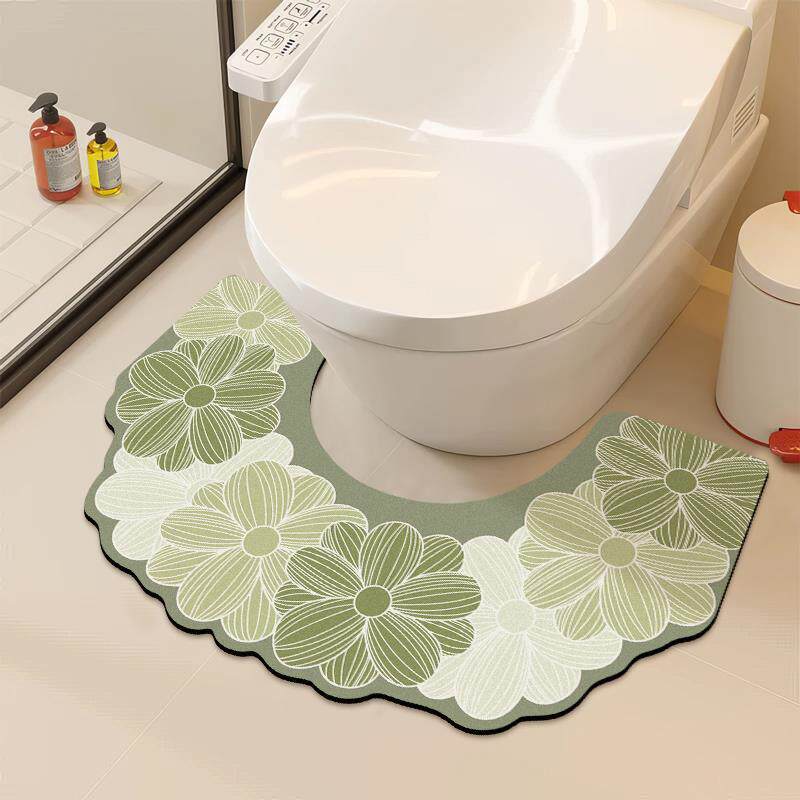 TEMU 1pc Stylish And Minimalist Floral Geometric Pattern Floor Mat, U-shaped Design, Made Of Diatomite Material, Suitable For Bathroom, Toilet, And