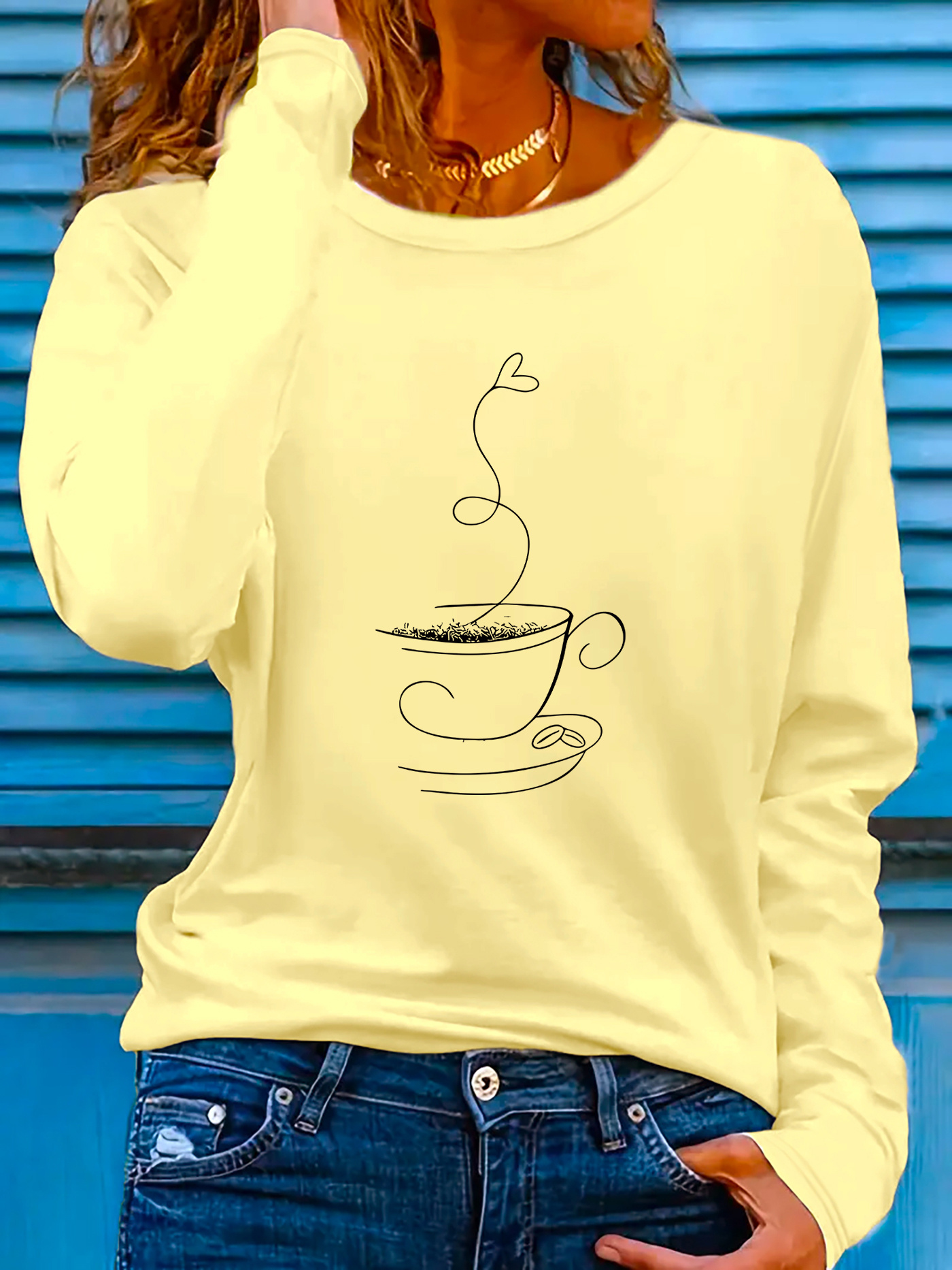 womens casual long sleeve t shirt with sketch coffee floating pattern print stretch polyester blend round neck spring summer   washable sportswear   apparel ladies t shirts summer clothing    