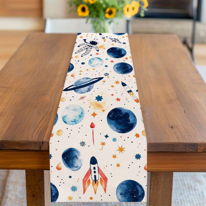 TEMU 1 Stück Weltraum-Tischläufer - Astronomie-Deko mit Planeten, Raketen, Sternen und Astronauten – Leicht zu reinigendes Polyester für Zuhause,