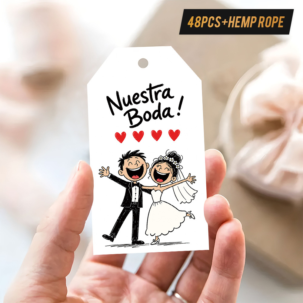 TEMU 48 piezas de etiquetas de recuerdo de boda en español con cuerda de - Novios de dibujos animados, adecuadas para recuerdos de boda, decoraciones