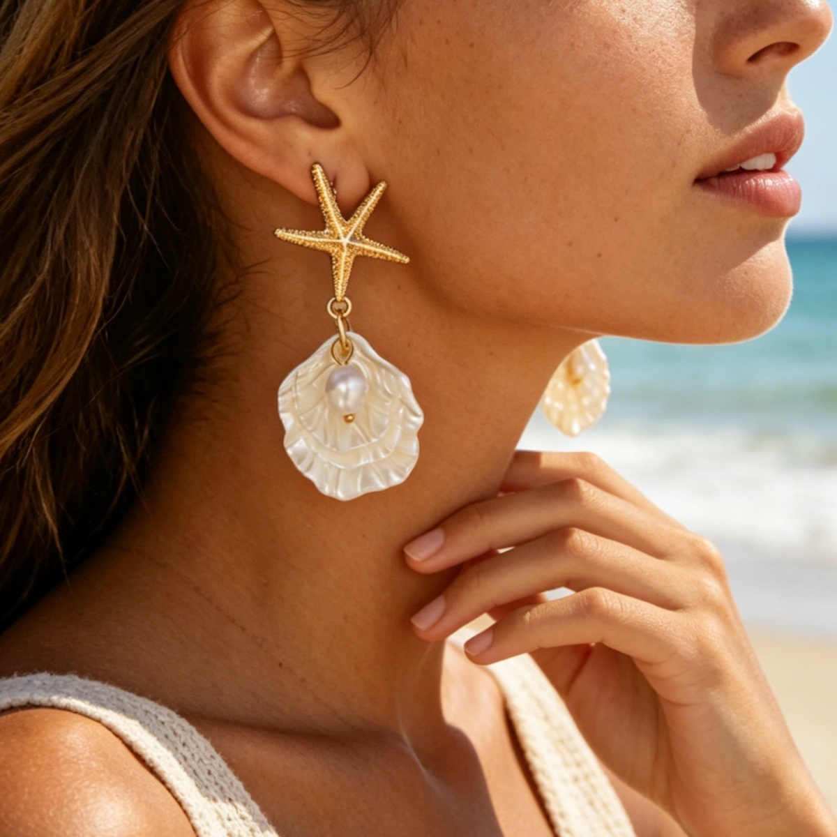 Image of 1 Pair Of Stylish And Elegant Alloy Starfish And Abs Scallop Drop Earrings For Women, Suitable For Daily Wear, Commuting, Beach Vacations, And Outfits