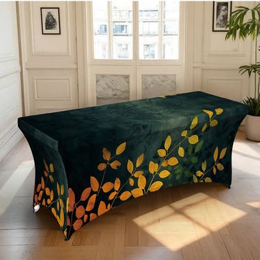 1 mantel elástico con estampado de ramas doradas y hojas sobre fondo verde | Opciones de 121.92/182.88/243.84cm, reutilizable, rectangular y extensible, ideal para camping, actividades al aire libre, banquetes y reuniones sociales