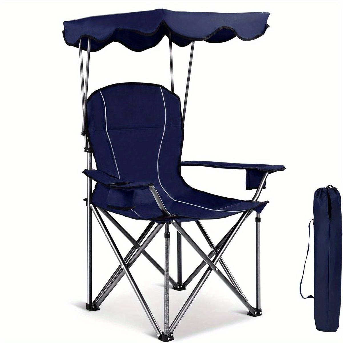 Image of Folding Camping Chair, Portable Hiking Travel Chair With Adjustable Sun Canopy, Cup Holder, Carrying Bag, Sturdy Metal Frame, Outdoor Lounge Chair For Fishing, Picnicking