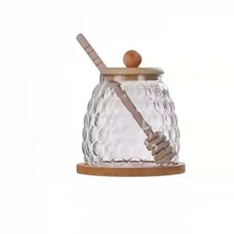 TEMU Pot à miel en verre transparent avec cuillère et couvercle en bois, qualité alimentaire, motif d', parfait pour à domicile. Pot à miel en verre