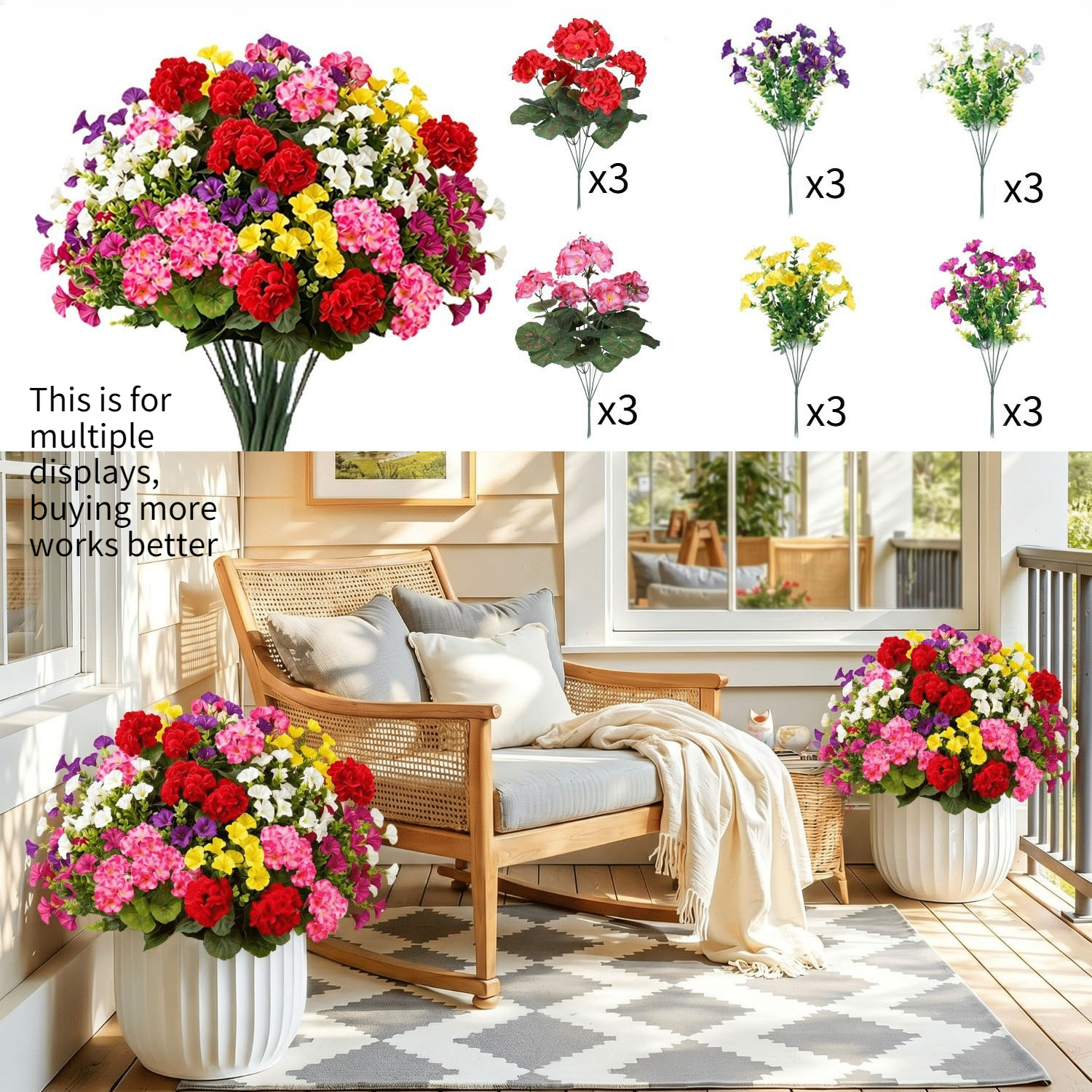 Image of 18pcs Artificial , Uv-resistant Faux Geraniums And Petunias, Fade-resistant Low-maintenance Fake Floral Plants, Perfect For Home, Porch, Wedding, Courtyard, Garden, Balcony, Yard Decoration