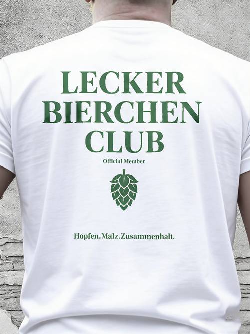 bierchen club - weißes t-shirt für bierliebhaber, mit - und malzmuster. klassische passform, weich und bequem, für freizeit und sport, unisex und -t-shirt.