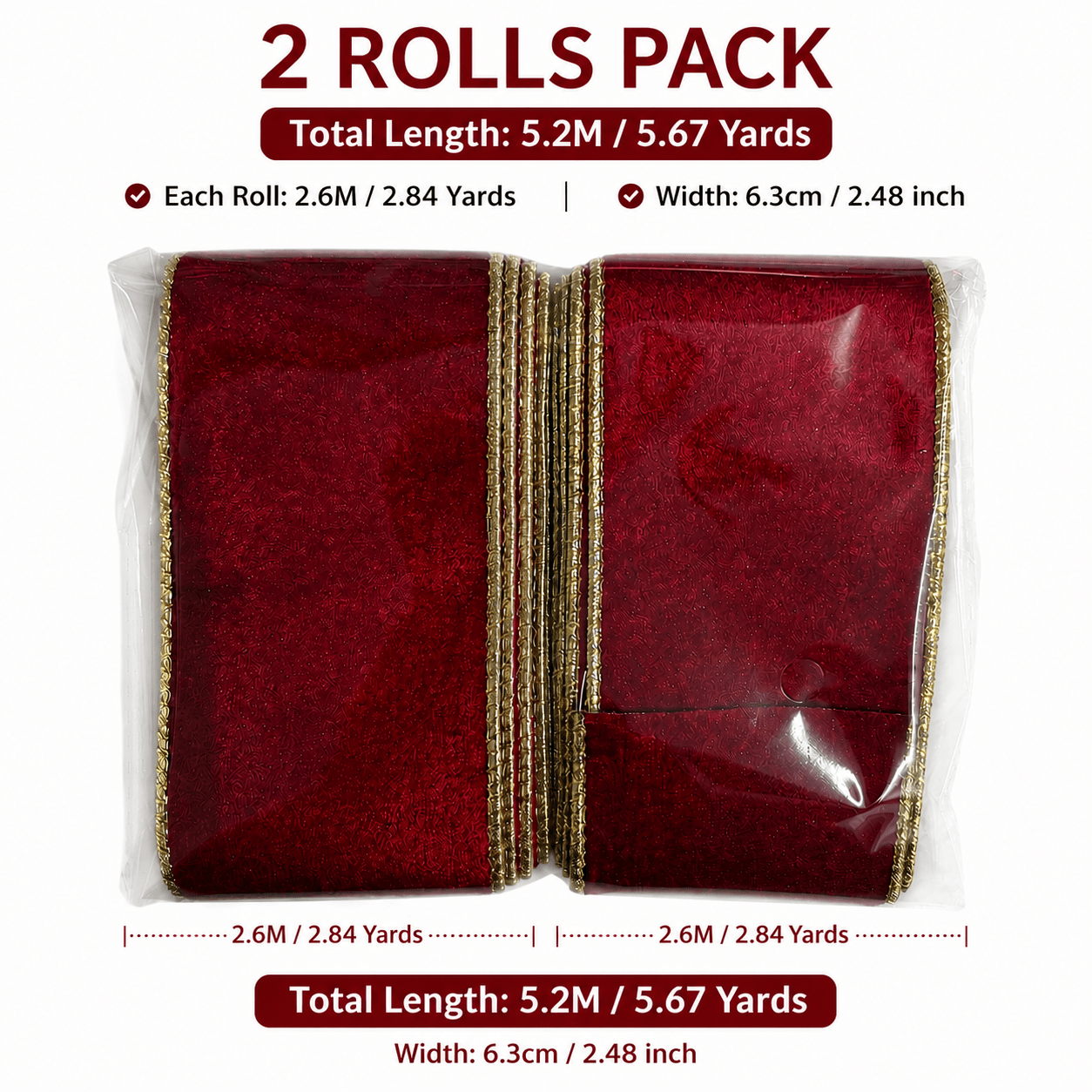 TEMU 2 Rolls Burgundy Velvet Ribbon With Golden Wired Edge - Luxury Soft Suitable For Christmas Tree Decorations, Gift Wrapping, Bows, Wreaths |