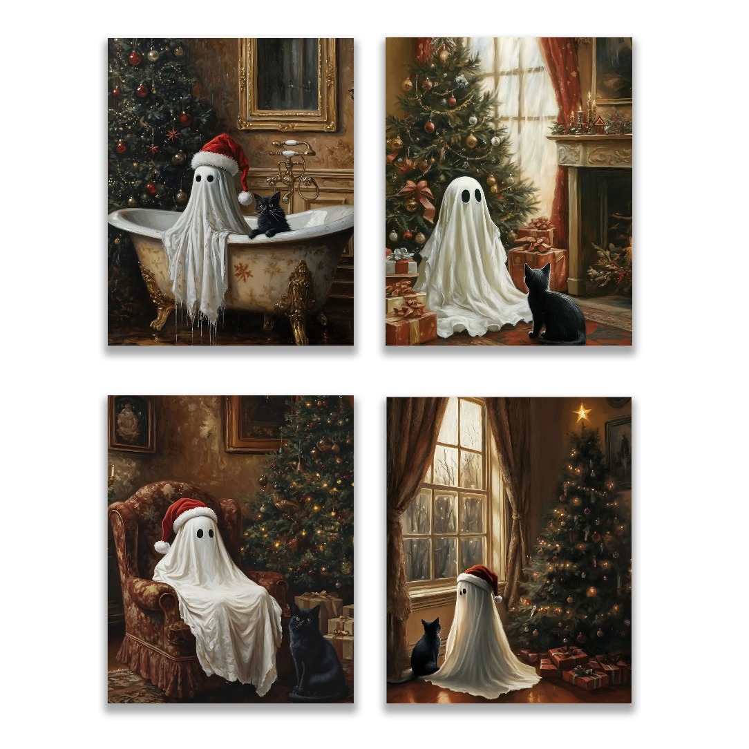 TEMU 2d Flat, 2d Flat, No Frame Included, Set Of 4, Christmas-themed Posters, Retro Printable Wall Art, Oil Paintings, Paper Posters, Mural Posters