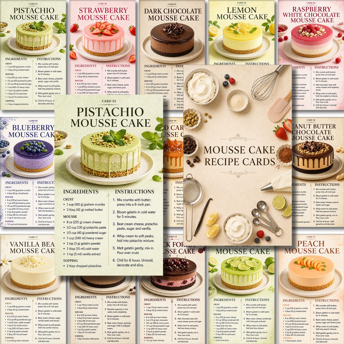 TEMU 20pcs Mousse Cake Recipe Cards, 20 Flavors No-bake Dessert Recipes With Ingredients & Instructions, Baking Guide For Home Bakers, Adults,