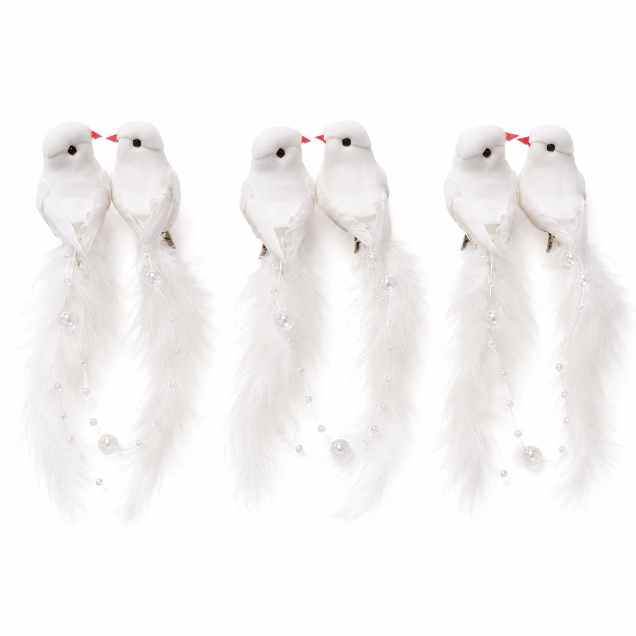 TEMU 6-pack White Faux Birds Decorations 3 Pairs Clip-on Feather Birds 15cm Colorful Bead Long-tailed Birds Christmas Tree Wedding Decor