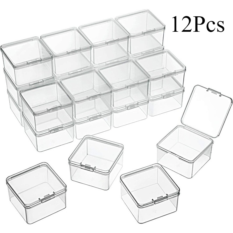 Image of 12pcs Set Plastic Storage Boxes With Hinged Lids (snap-fit Lid) - Clear Small Square Organizers, Durable Stackable Containers For Crafts, Jewelry, Fishing Gear,, For, Office, Pantry - Space- Box Set
