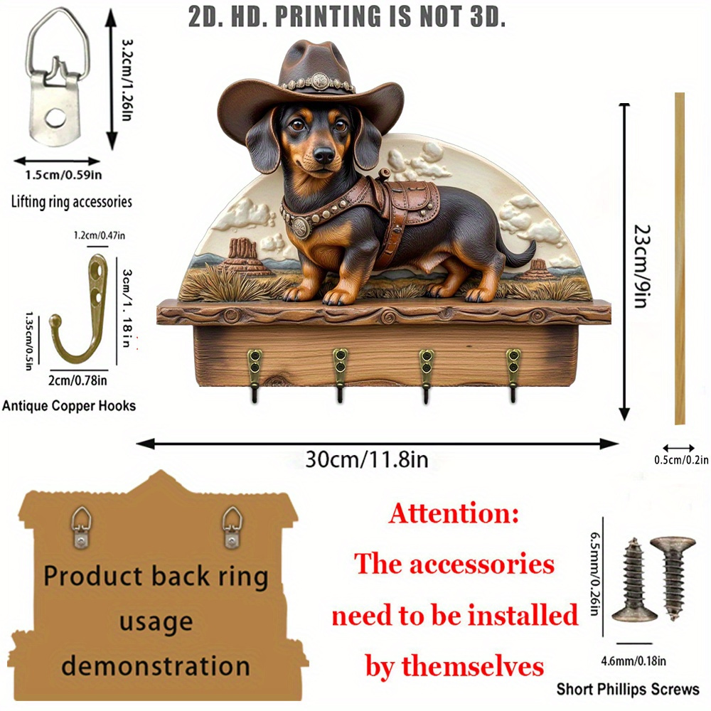 E-shop 2D-Flach, ., Western-Cowboy-Dackel-Themenstil Holz-Wanduhr mit multifunktionalem Schlüsselhalter für Zuhause, inklusive vier Metallhaken,