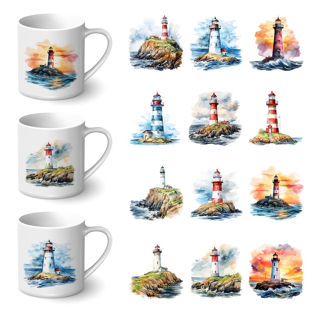 Image of 12pcs Coastal Lighthouse Watercolor Theme Diy Uv Transfer Sticker Set- Transparent Nautical Transfer Paper Self-adhesive Decals, Suitable For Mugs, Bottles, And Laptops