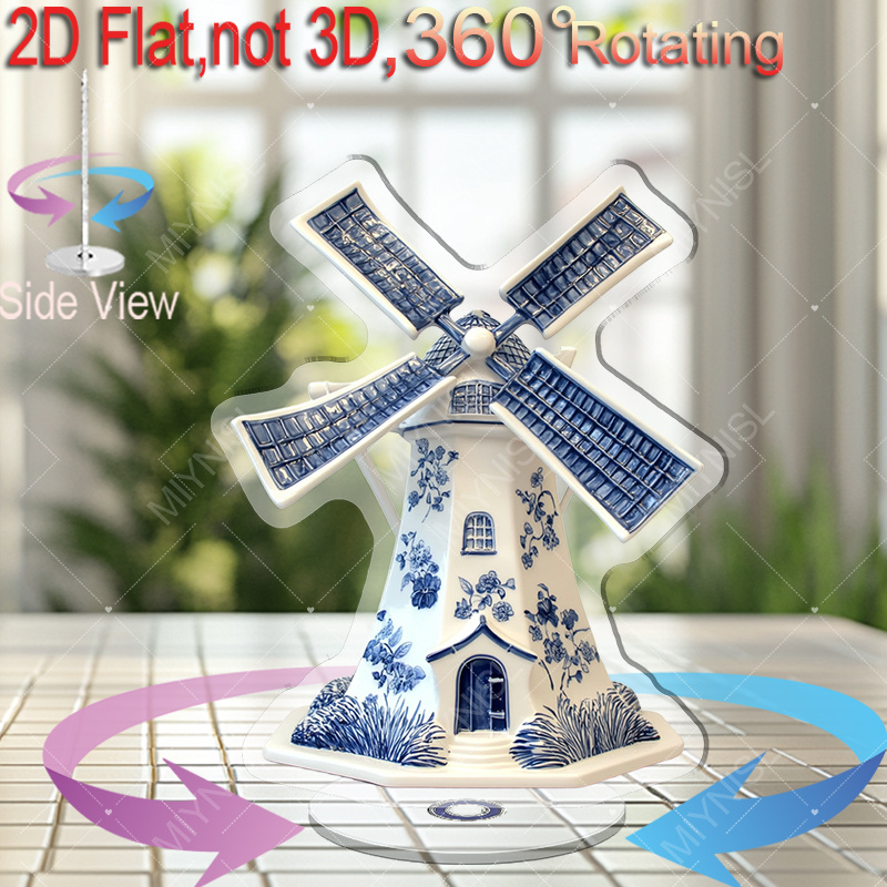TEMU 2d Flat 2d Plane Style, 1pc Rotatable Acrylic Desktop Ornament With Blue Windmill Pattern - Dutch Pottery Design Collectible Figurine, Ideal For