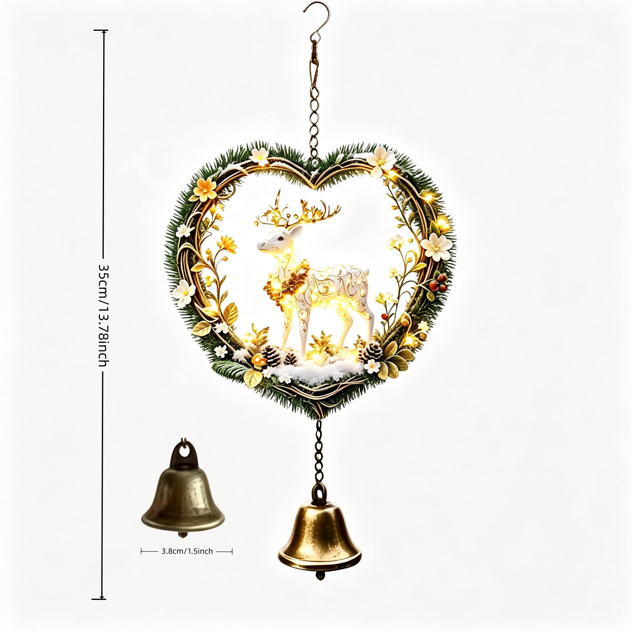TEMU Heart-shaped Wreath Christmas Reindeer Handcrafted Hanging Wind Chime, Pine Branch Snowflake Border With Gilded Luminous Reindeer Pattern,