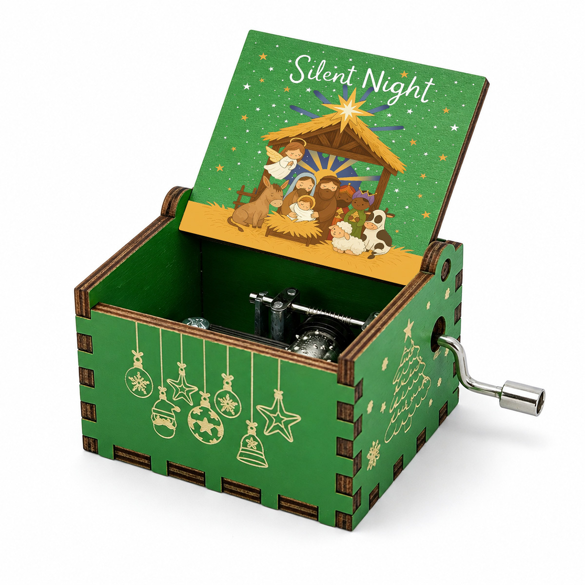 TEMU 1pc Christmas Wooden Music Box Hand-cranked Sound Box Lid Painted With Nativity Scene Pattern Stars Angels Holy Family And Other Elements Rich