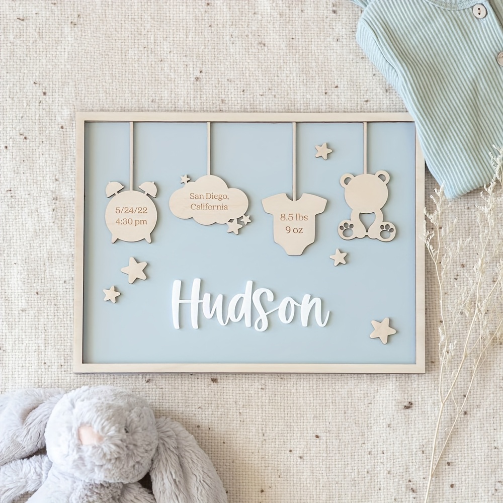 Personalized 2D Wooden Birth Announcement Name Plaque with Birth Statistics