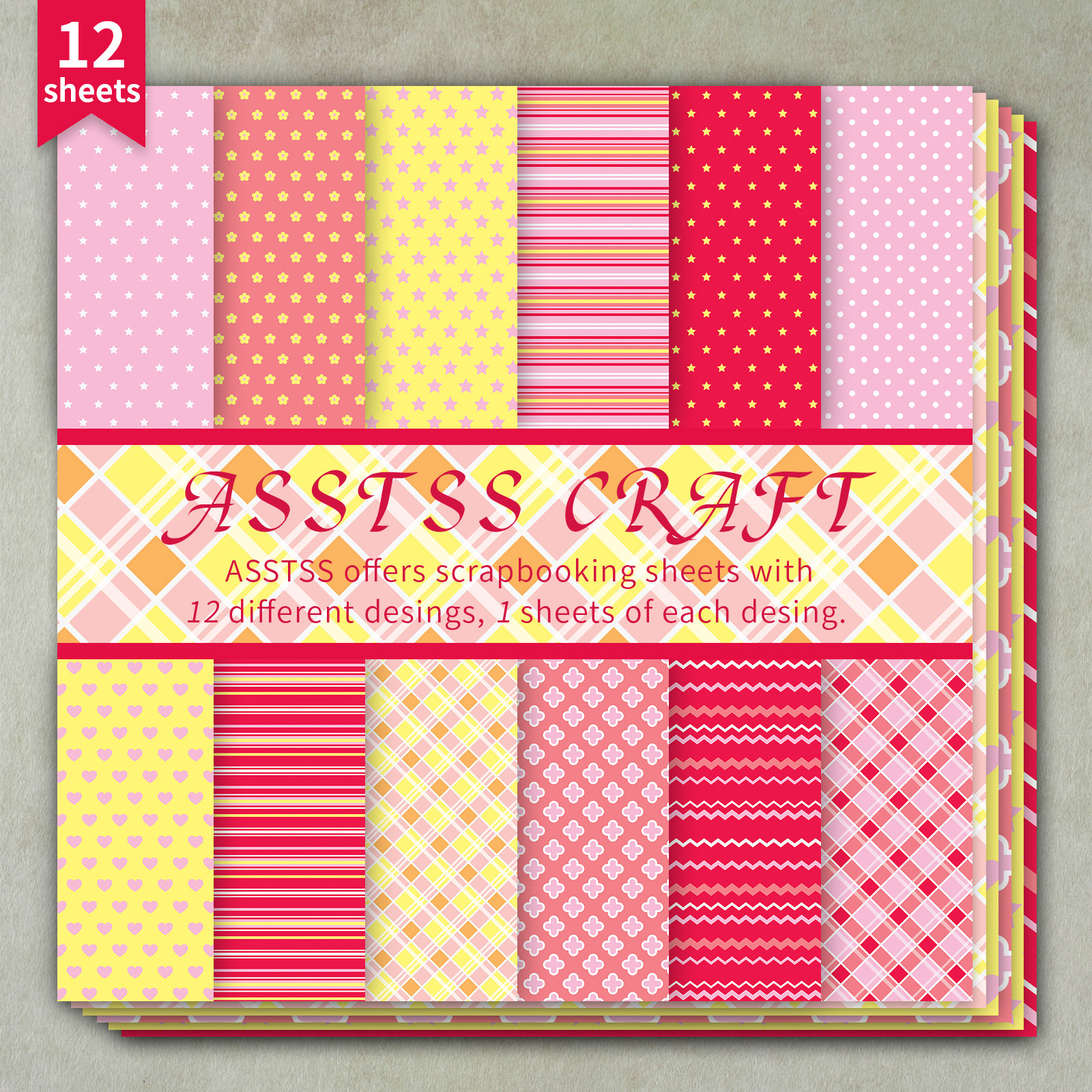 TEMU Lot de 12 feuilles de papier scrapbooking ASSTSS de pouces, papier de base coloré d'été avec cœurs et , style fantaisiste, papier cartonné épais