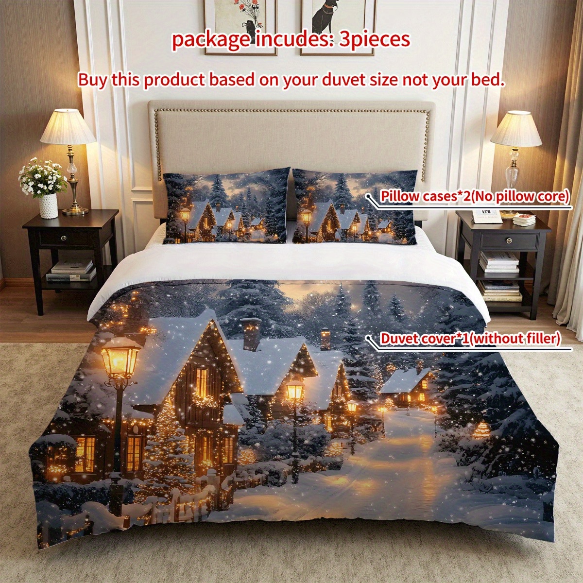 TEMU 3pcs Snowy Cottages Duvet Cover Set, Nighttime Snow, Winter Theme, Breathable Polyester, , Machine Washable, , No Insert For Bedding (1duvet