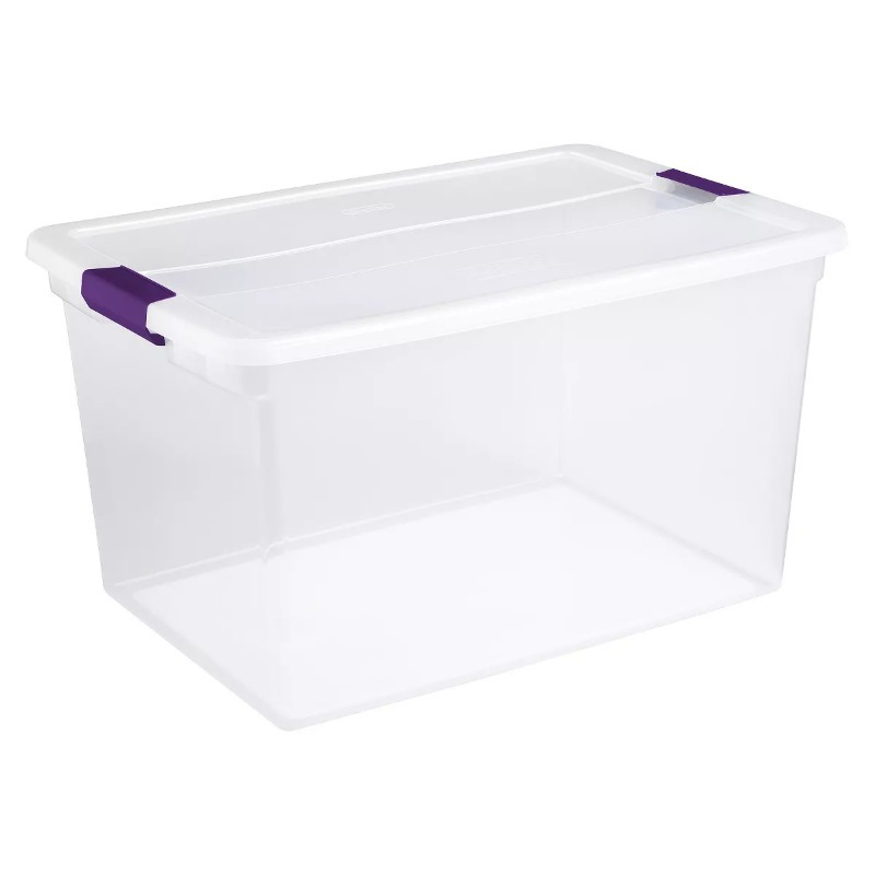 

66qt Box With Purple Latches - Waterproof, Bpa-free Plastic Storage Container, Stackable & , Ideal For , Made In Usa, Clear, Lidded, 66 Quart, Under-bed Storage