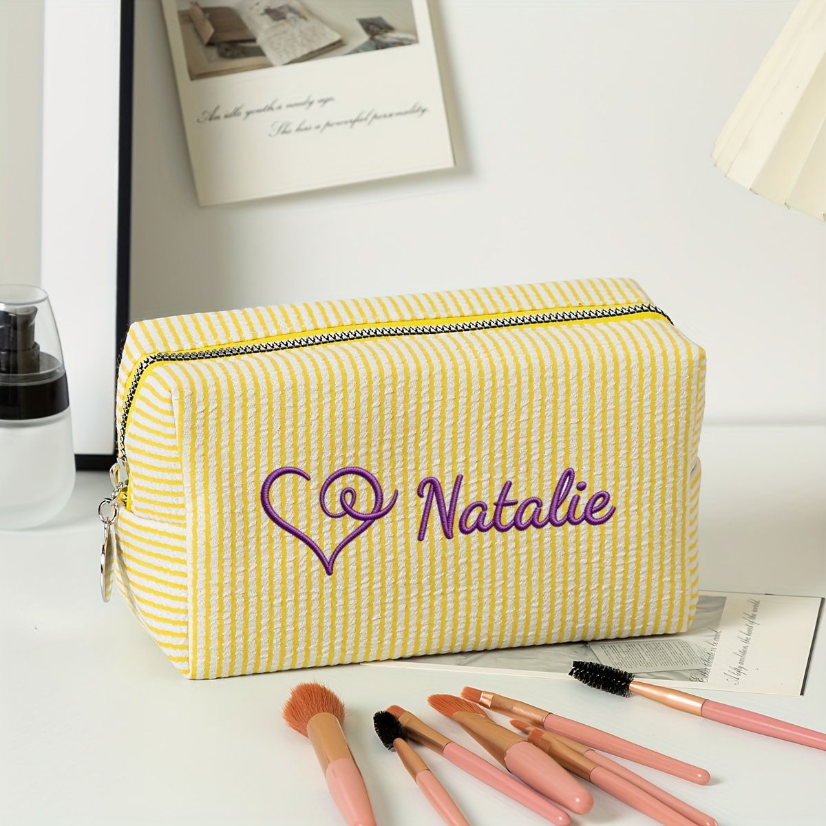 TEMU Neceser de Viaje Bordado Personalizado con Rayas - Neceser Cosmético con Personalizado con , Neceser de Maquillaje con Cremallera y de