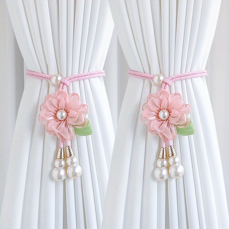 TEMU 2pcs Elegant Pearl Floral Curtain Tie-backs Adjustable Design Home Decor Curtain Additions