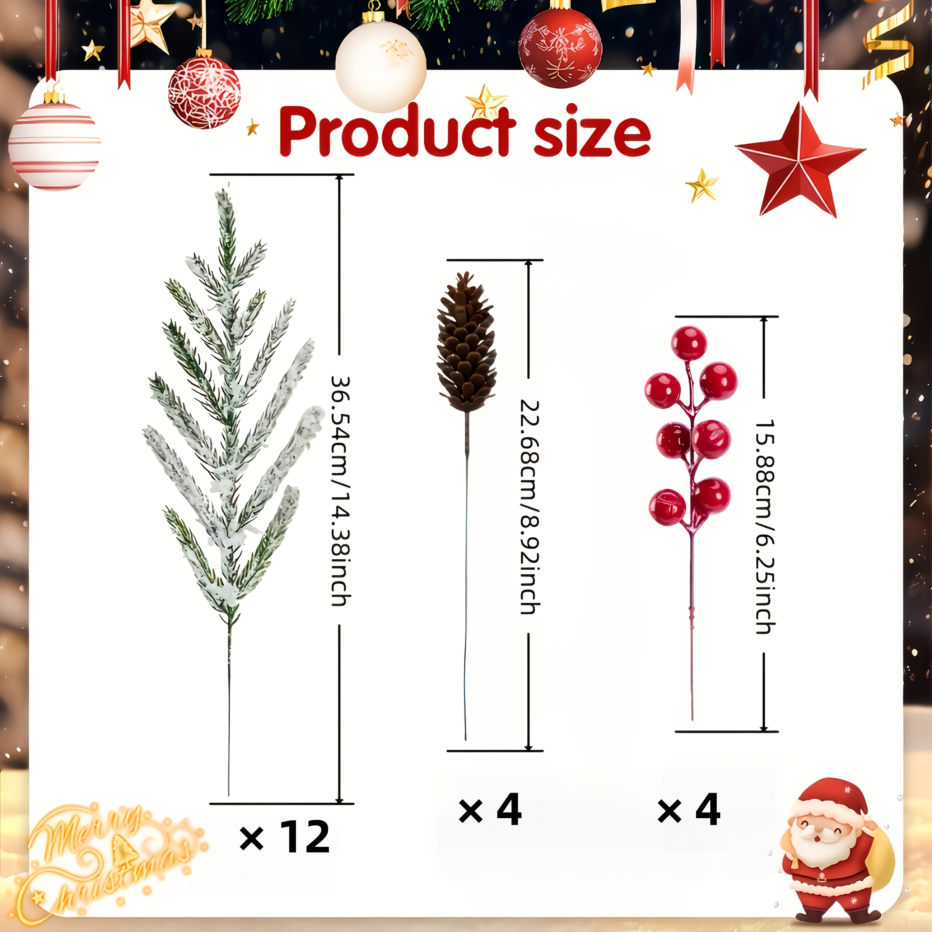 TEMU 20pcs Artificial Flower Set Cedar Branches, Pine Cones, And Red Berries. The Delicate Snow-covered Finish A Realistic Winter Atmosphere With