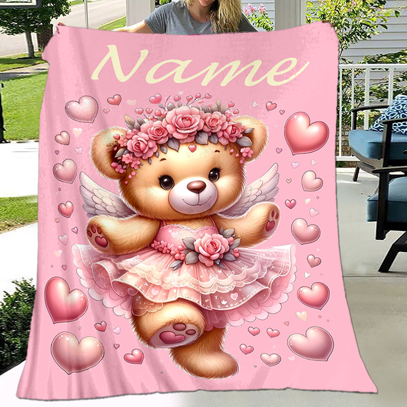Customized Name Bear Heart Theme Flannel Blanket