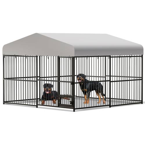 casa para perros de exterior espaciosa, que mide 10 7 pies, de metal galvanizado. esta jaula para perros un techo y una cubierta resistente a los rayos uv, equipada con una cerradura y una puerta de alimentación adecuada para medianas a , sin batería.