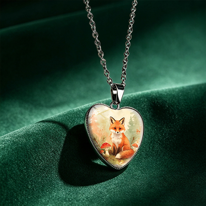 3pc Forest Fox & Red Mushrooms Glass Necklace & Earrings Set