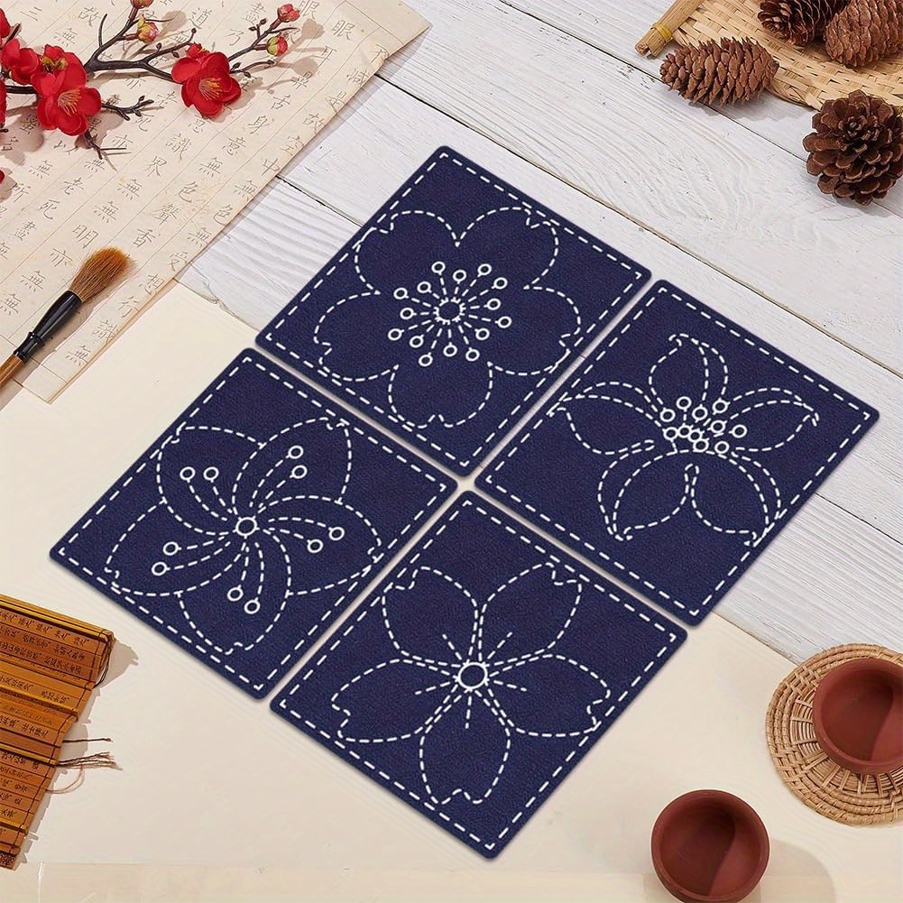 4 Sets Sashiko Coasters Kit with Instructions