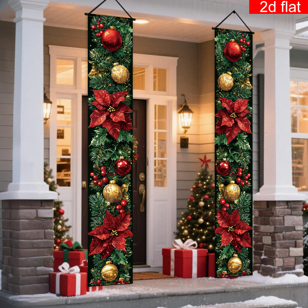 TEMU 2pcs 2d Flat Photo Booth Prop & Vintage Christmas Banner Suitable For Indoor/outdoor Hanging, Front Door Porch Sign With Holly Leaf Garland,