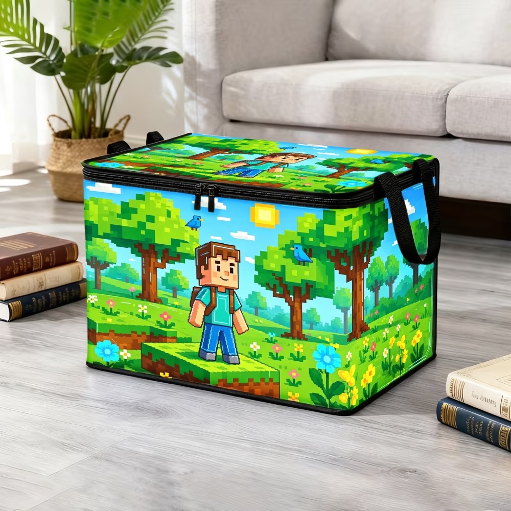 TEMU 1pc Pixel Style Forest Boy Pattern Foldable Storage Basket Organizer Box, Core Function: Multi-functional Storage, Perfect Gift, Travel