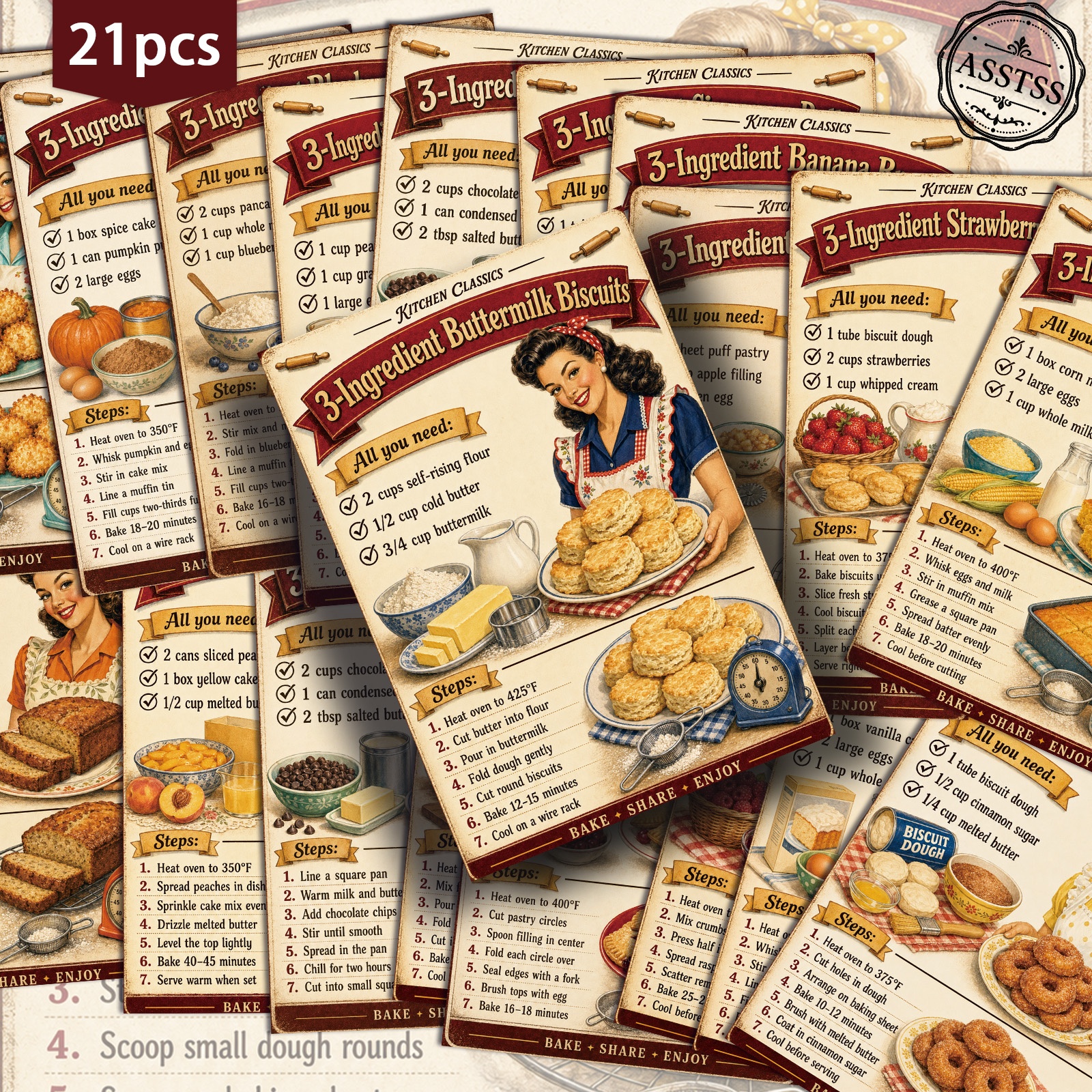 TEMU 21-pack Asstss Vintage Three- Dessert Recipe Postcards - 4x6 Inches Retro Junk Journal Supplies, Classic Pinup Illustrations Collectible