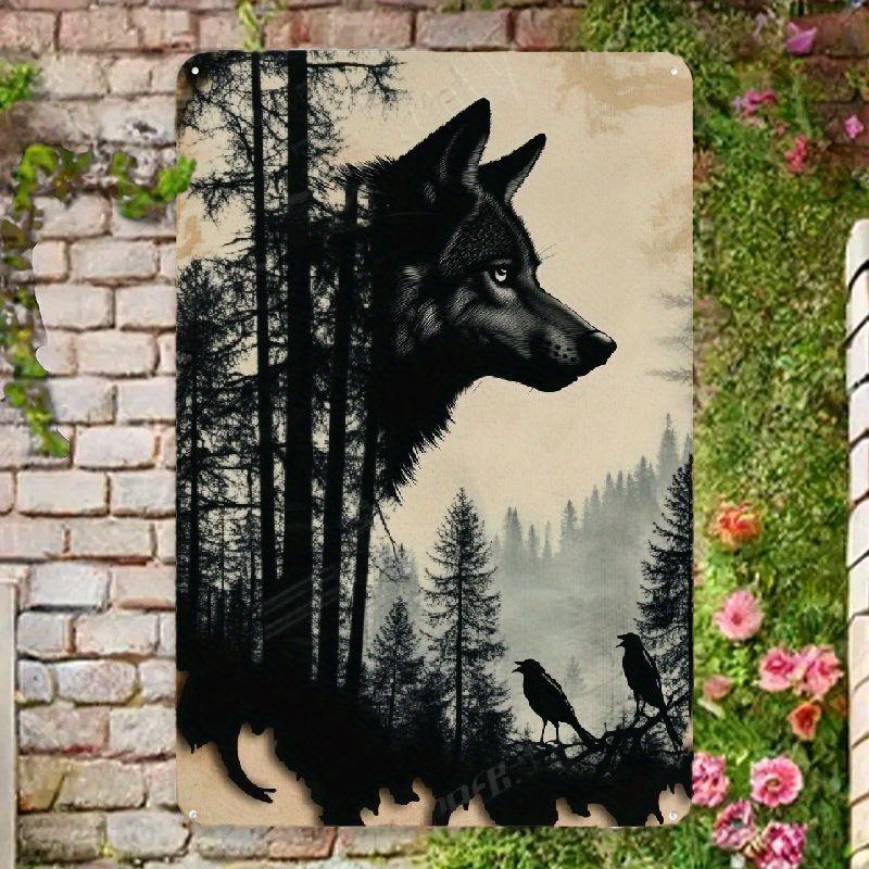 

1pc Vintage Wolf Silhouette Metal Wall Art - 8"x12" Engraved & Birds Scene, Pre-drilled, Weather-resistant, Indoor/outdoor Decor, No Power Needed, Multipurpose Use