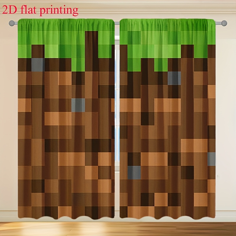 TEMU 2d Flat, Two-dimensional Printed Curtains, A Set Of 2pcs, Size 21.65* 59inch/55* 150cm, Pixel-, Featuring Block Patterns Of Grass And Soil In