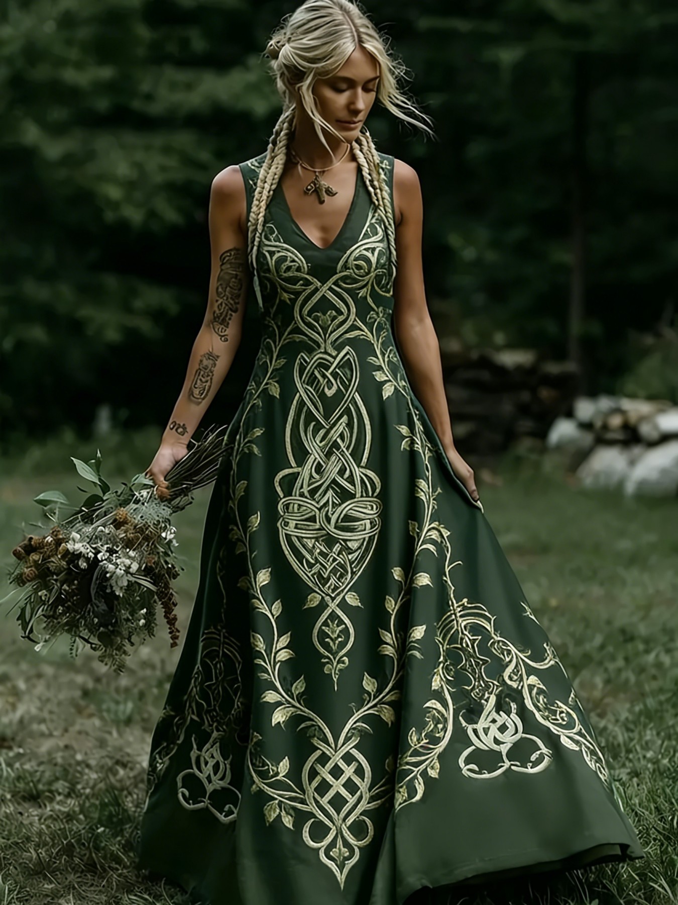 celtic knot sleeveless long dress old v neck design
