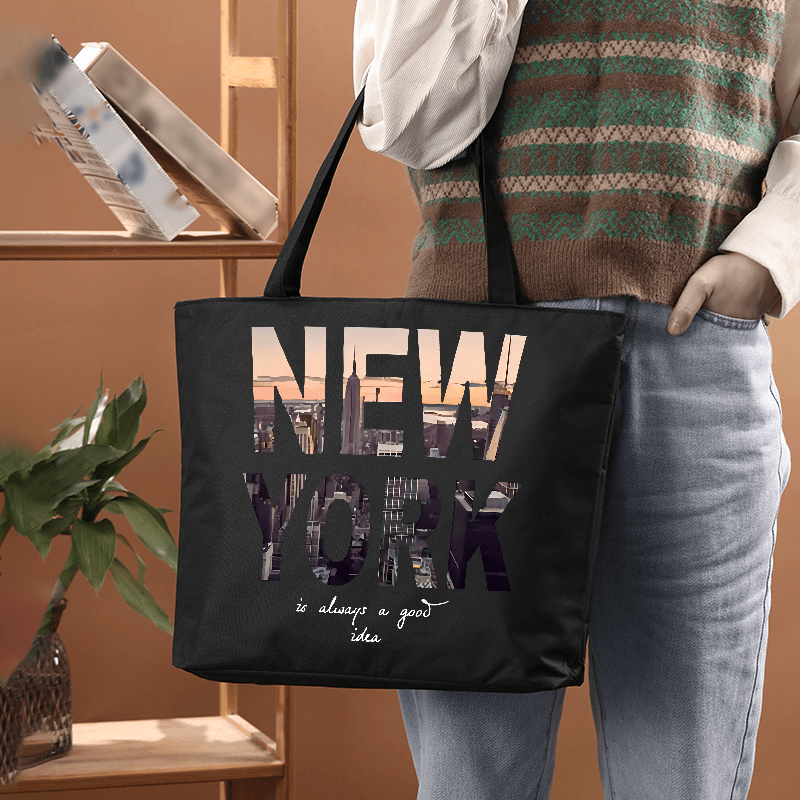 Large Capacity Oxford Tote Bag Suitable For Work, Travel & - Retro Nyc Print Unisex Commuter Bag With Zipper Closure, Machine Washable Oxford Cloth Carrier For , For Business, Fitness, Shopping