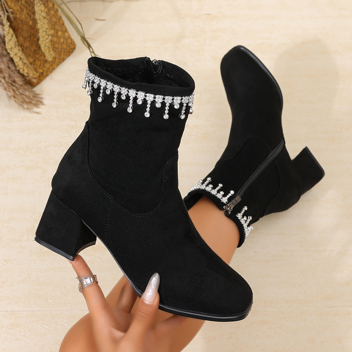 TEMU New Autumn/winter Rhinestone Tassel Chain Decorated Ankle Boots With Square Toe, Side Zipper, And Chunky Heel - Women's Fashionable And Elegant