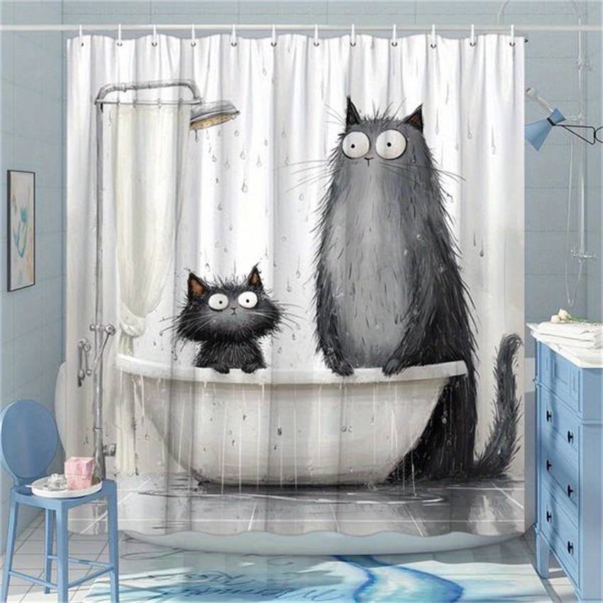 TEMU 1pc Adorable Cartoon Cat Shower Curtain - Cute Funny Animal Print, Durable Polyester, Modern Bathroom Decor With 12 Hooks, Washable Fabric,