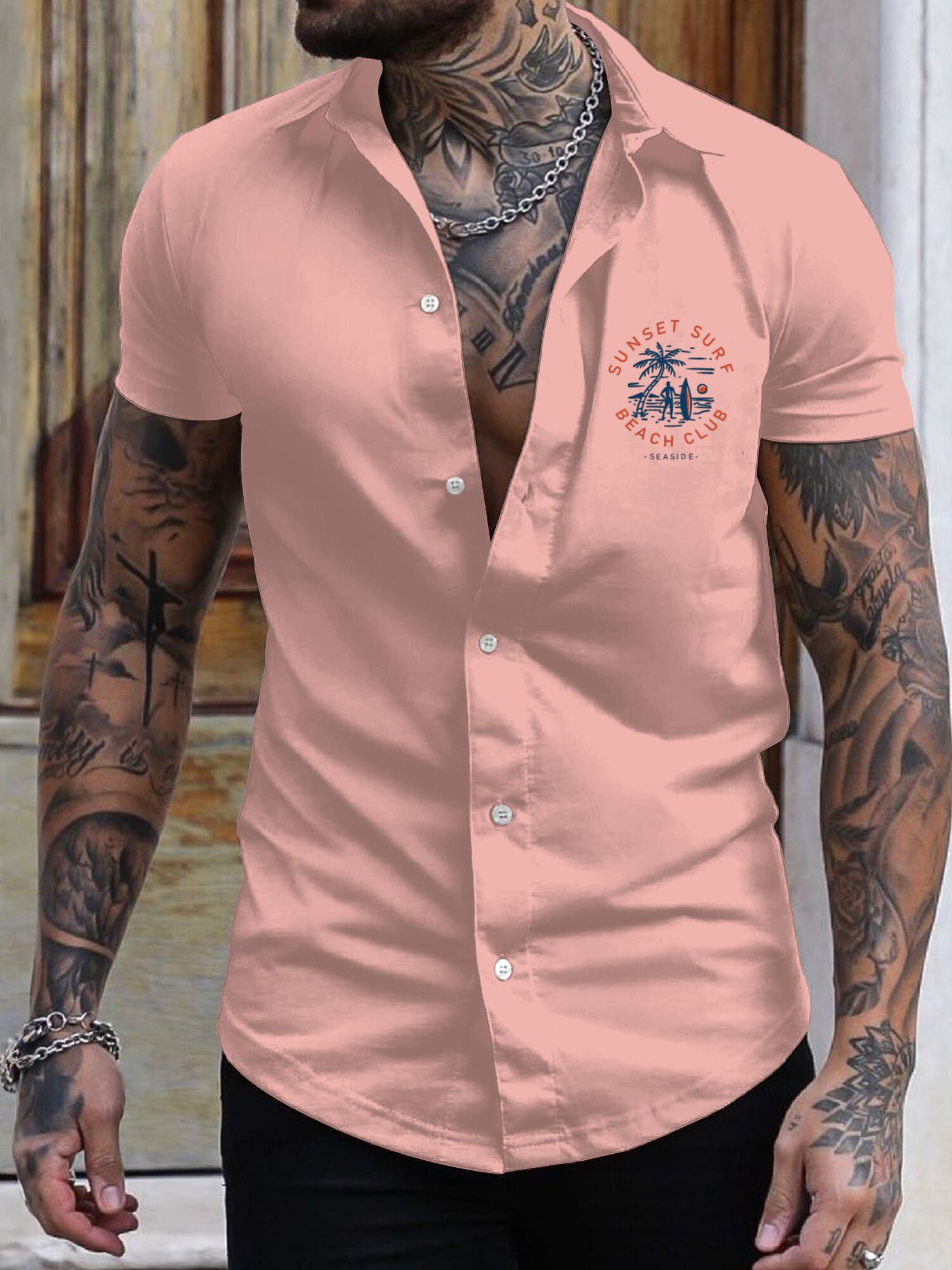mens summer beach club surf print short sleeve shirt stylish
