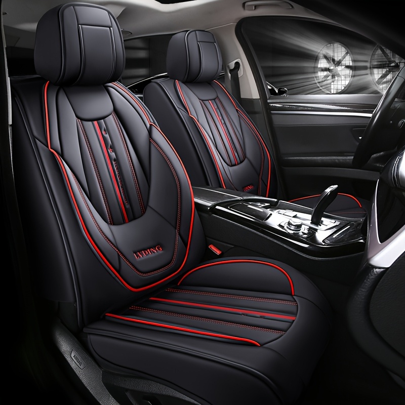 TEMU Luxurious Full Faux Leather Car Seat Covers With Ergonomic Lumbar Support - Suitable For Most 5-seater Cars, Featuring Black With Red Stitching,
