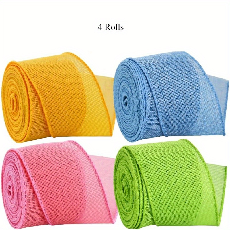 Image of 4 Rolls Easter Ribbon, Burlap Wired Ribbons, Yellow, Pink, Baby Blue, Green, Burlap Ribbon, For Easter Home Decor Wreath Front Door Gift Wrapping Tree Topper Bow Crafts