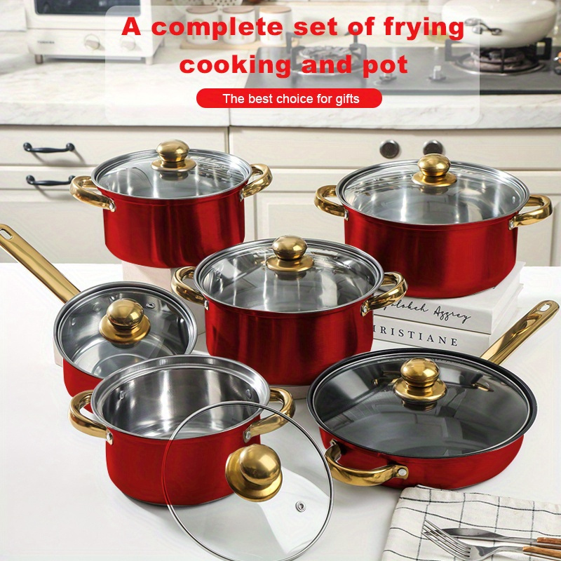 TEMU 12pcs Stainless Steel Cookware Suit, Anti-stick Cookware Suit, Heat Resistant, Saucepan, Saucepan, Wok, Multi-functional, Stylish, Durable,